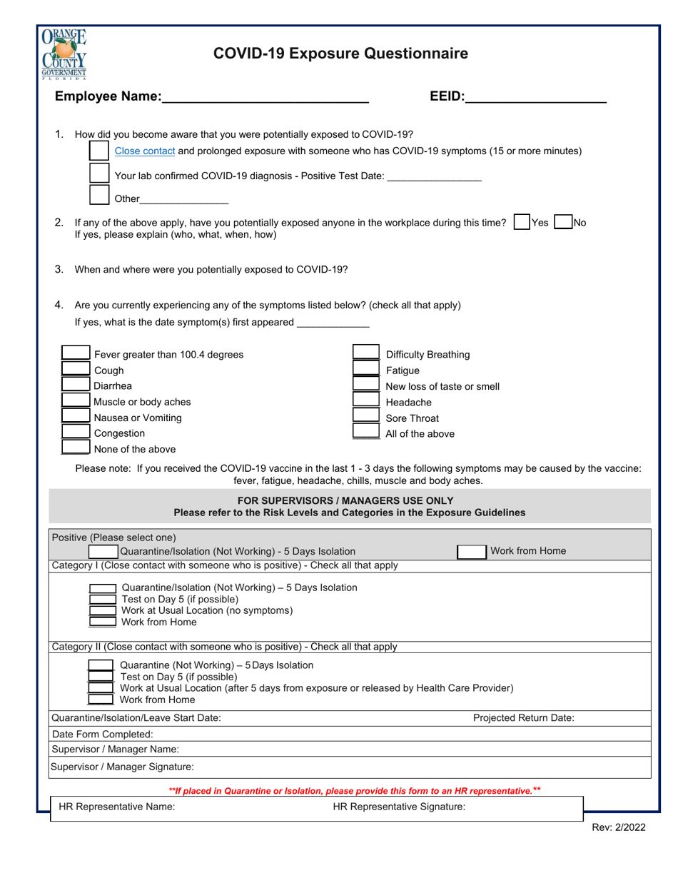 Covid-19 Exposure Questionnaire - Orange County, Florida, Page 1