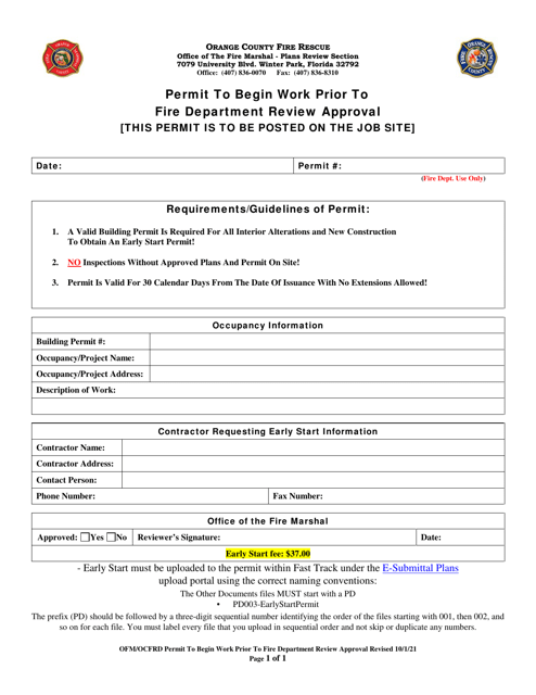 Permit to Begin Work Prior to Fire Department Review Approval - Orange County, Florida Download Pdf