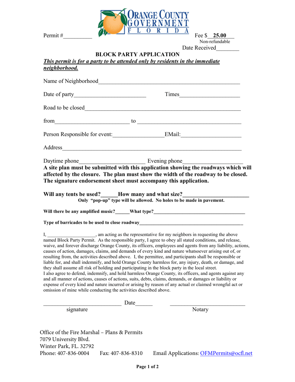 Block Party Application - Orange County, Florida, Page 1