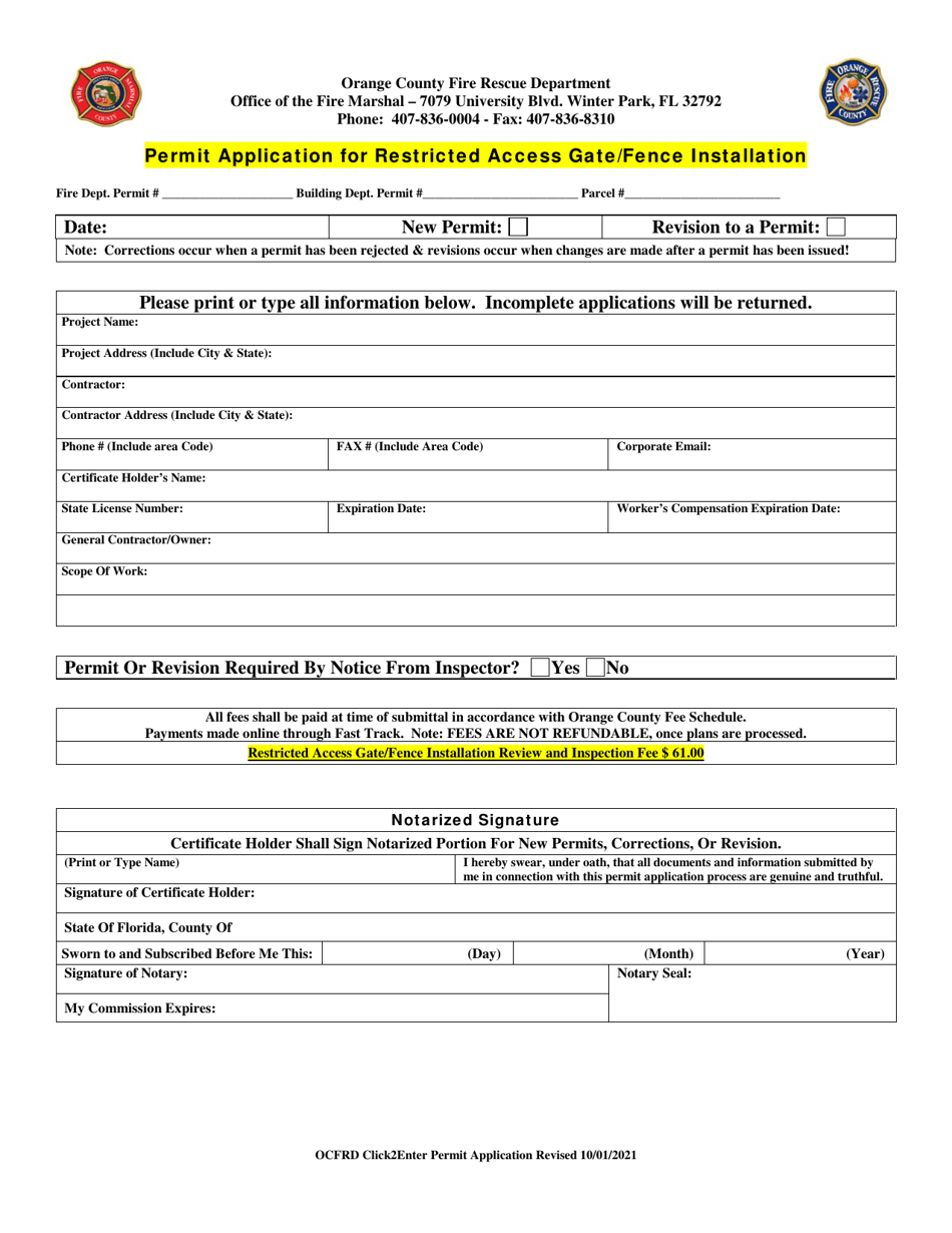 Permit Application for Restricted Access Gate / Fence Installation - Orange County, Florida, Page 2