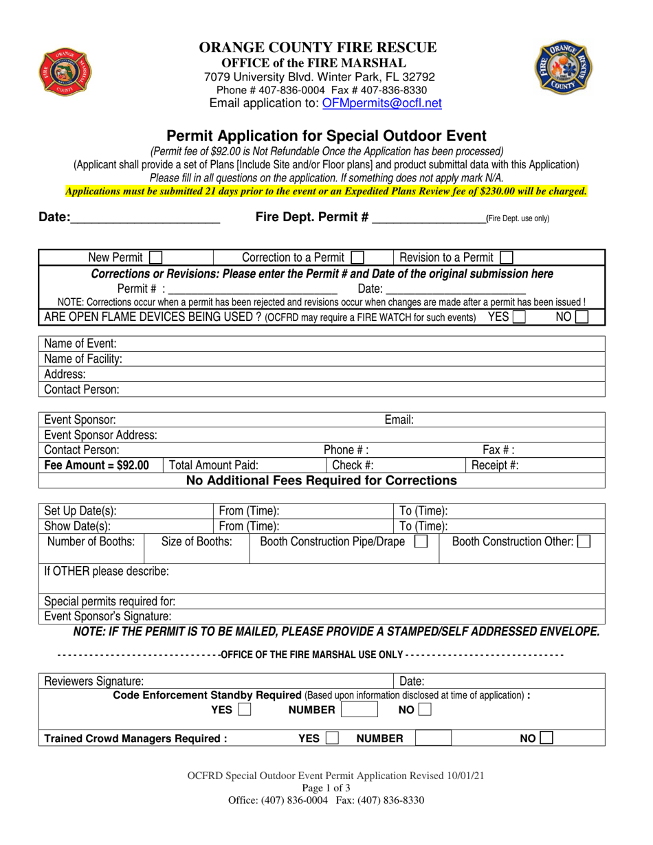 Permit Application for Special Outdoor Event - Orange County, Florida, Page 1