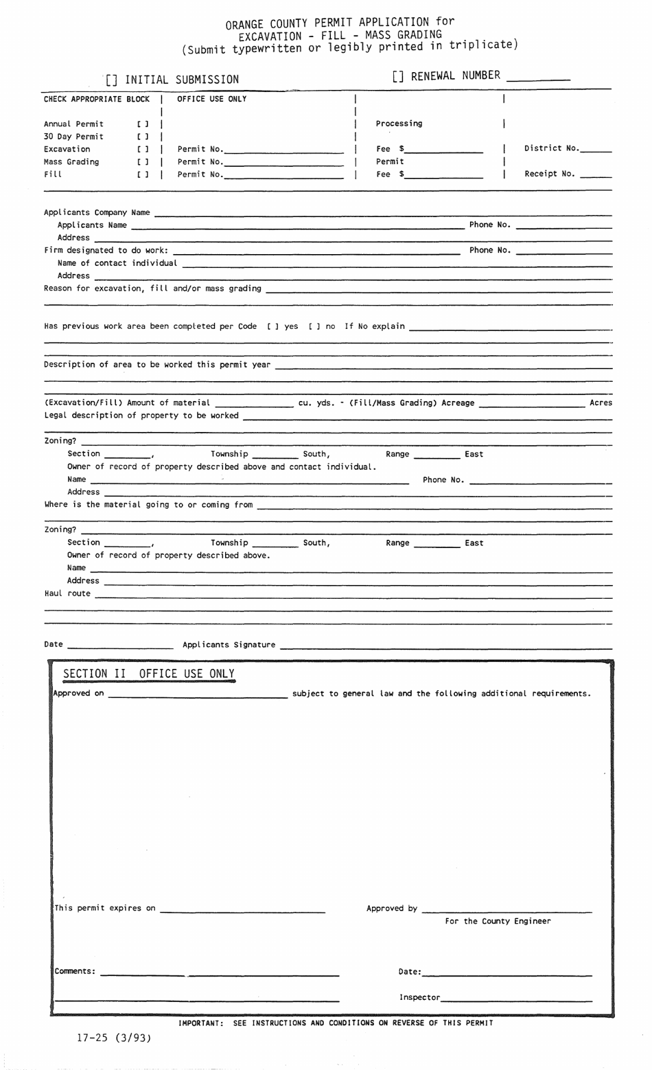 Form 17-25 Permit Application for Excavation - Fill - Mass Grading - Orange County, Florida, Page 2