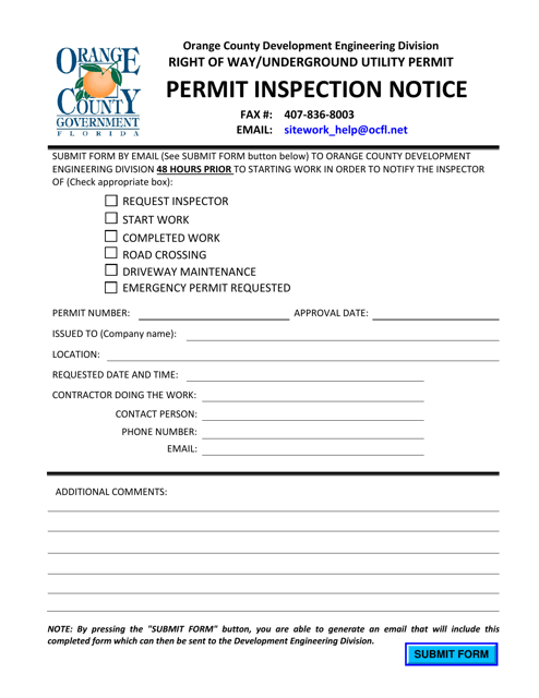 Permit Inspection Notice - Orange County, Florida Download Pdf