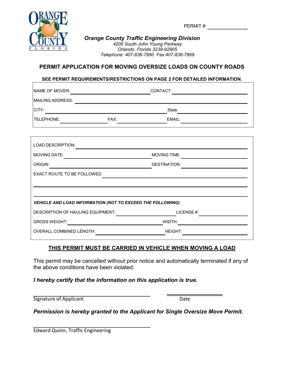Permit Application for Moving Oversize Loads on County Roads - Orange County, Florida, Page 1