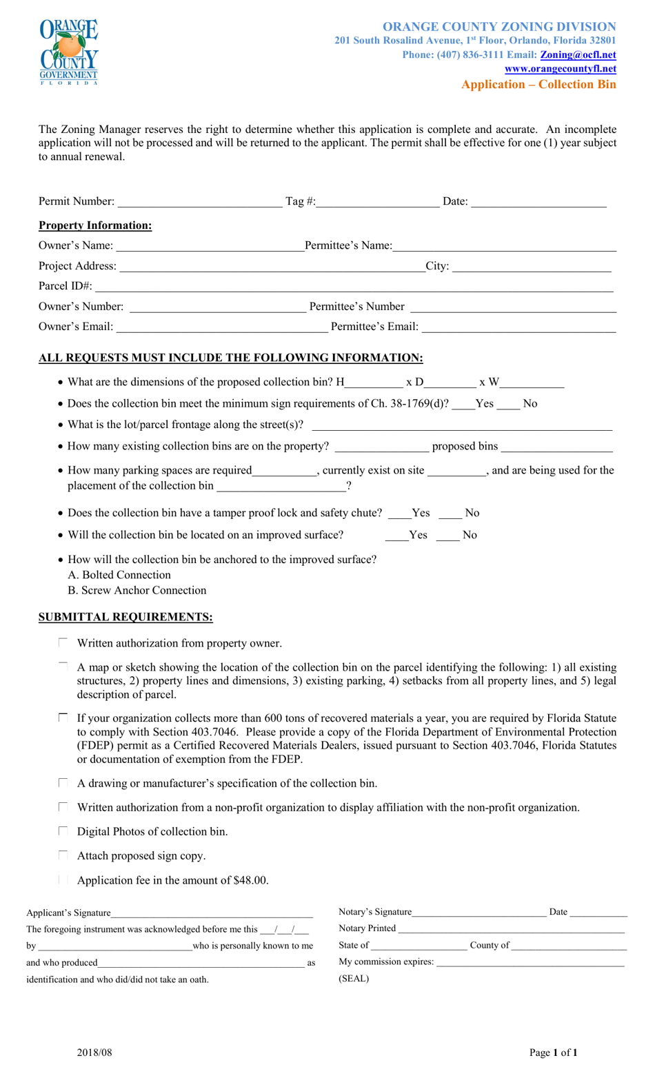 Application - Collection Bin - Orange County, Florida, Page 1