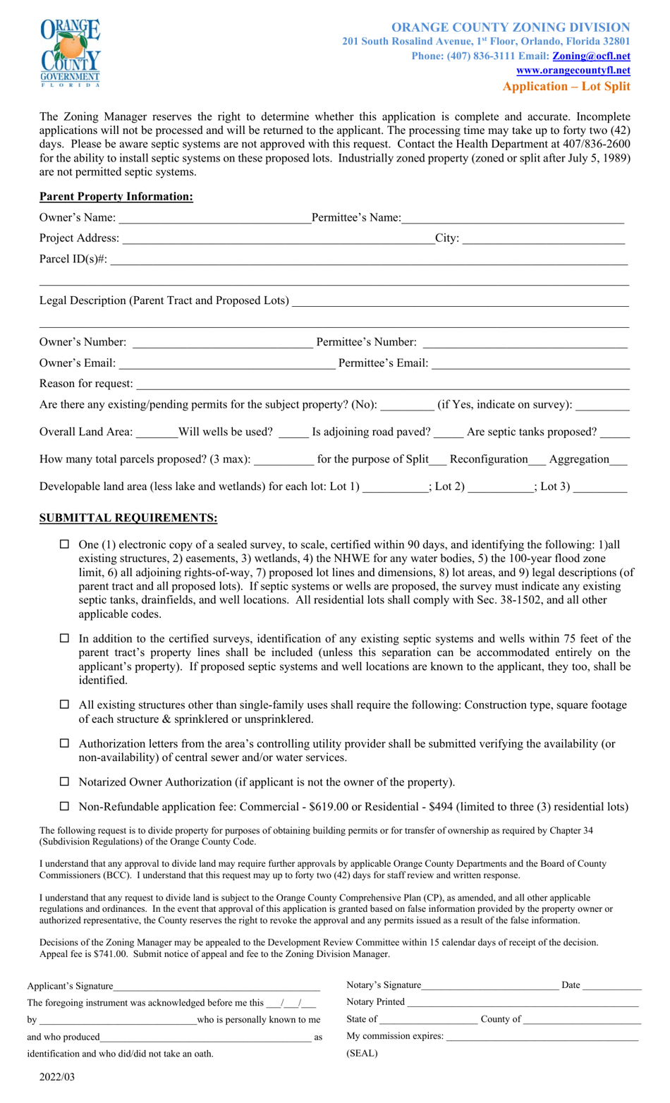 Application - Lot Split - Orange County, Florida, Page 1