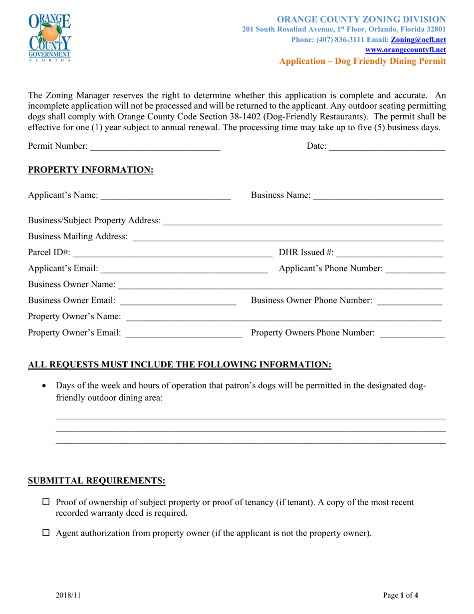 Application - Dog Friendly Dining Permit - Orange County, Florida, Page 1