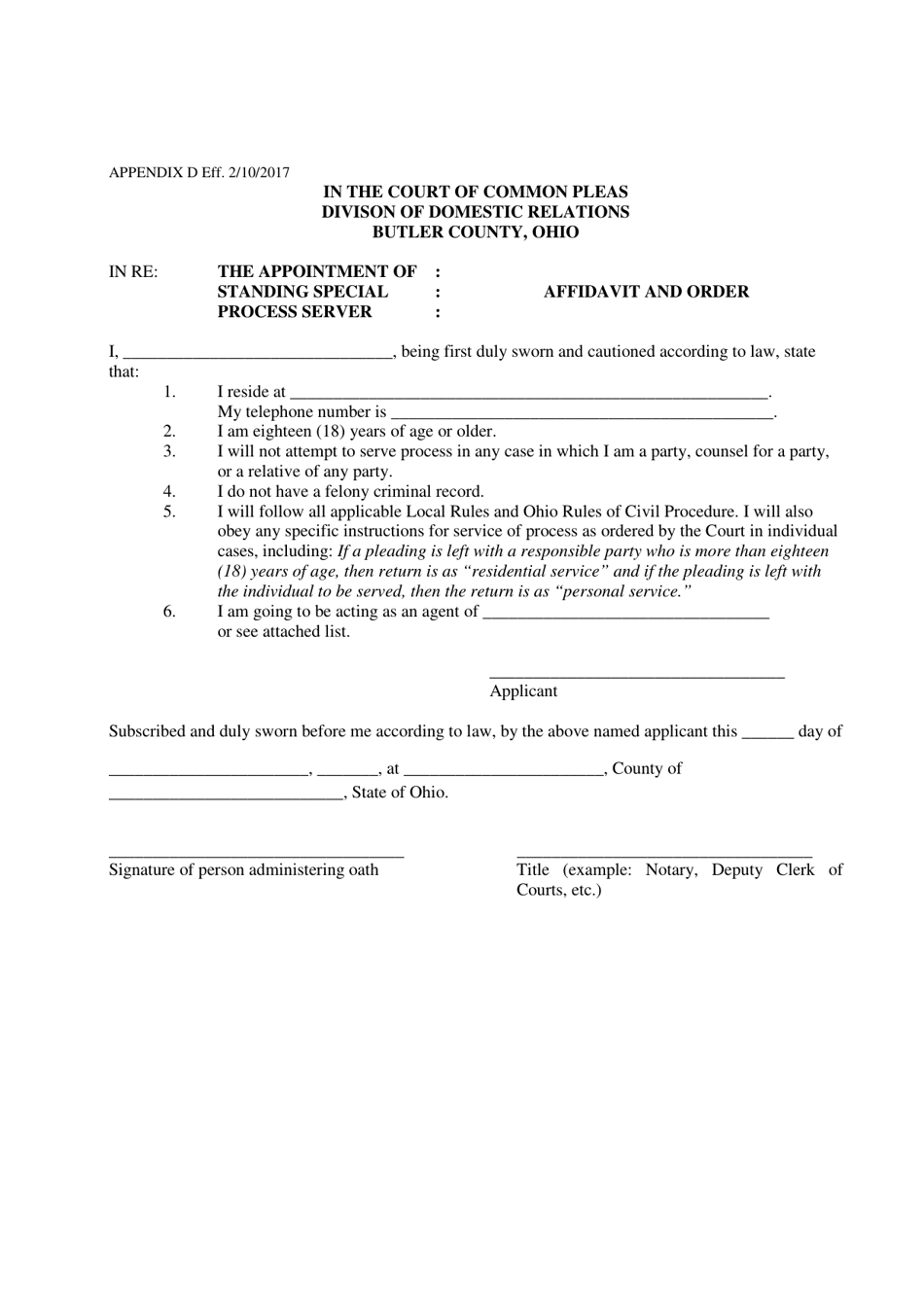 Appendix D Affidavit and Order for Standing Process Server - Butler County, Ohio, Page 1