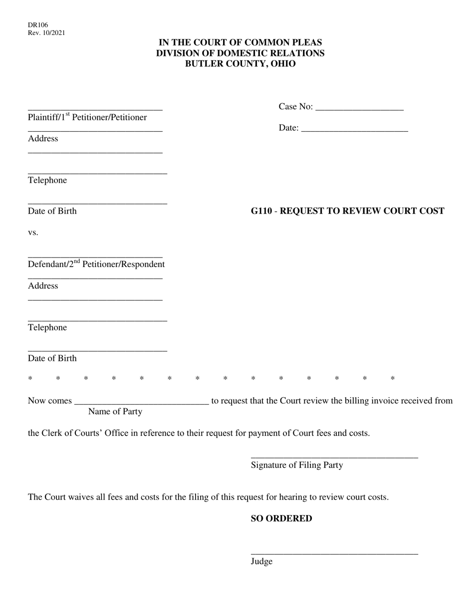 Form DR106 Request to Review Court Cost - Butler County, Ohio, Page 1
