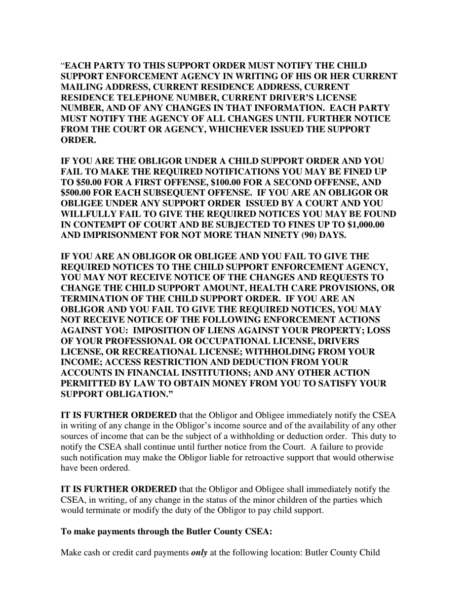 Appendix 1(A) Child Support and Health Insurance Language for Ex Parte Orders Only - Butler County, Ohio, Page 4