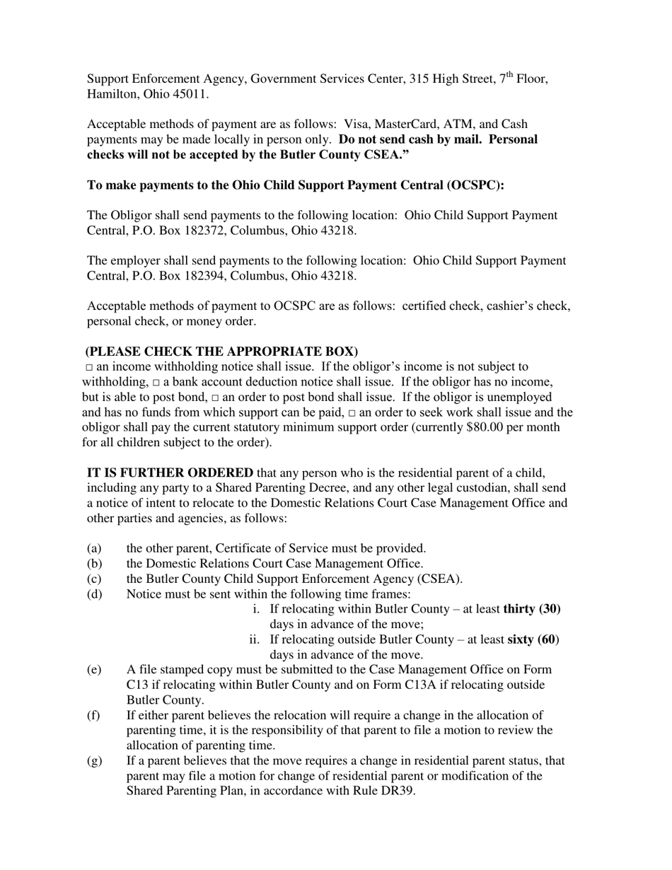 Appendix 1(A) Child Support and Health Insurance Language for Ex Parte Orders Only - Butler County, Ohio, Page 5
