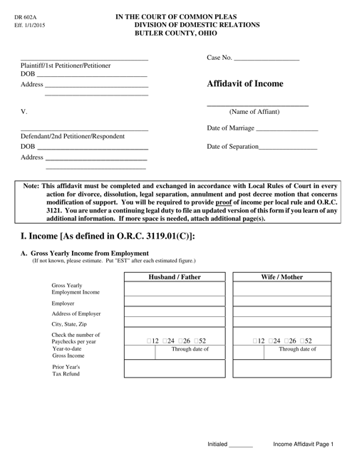 Form DR602A Affidavit of Income - Butler County, Ohio
