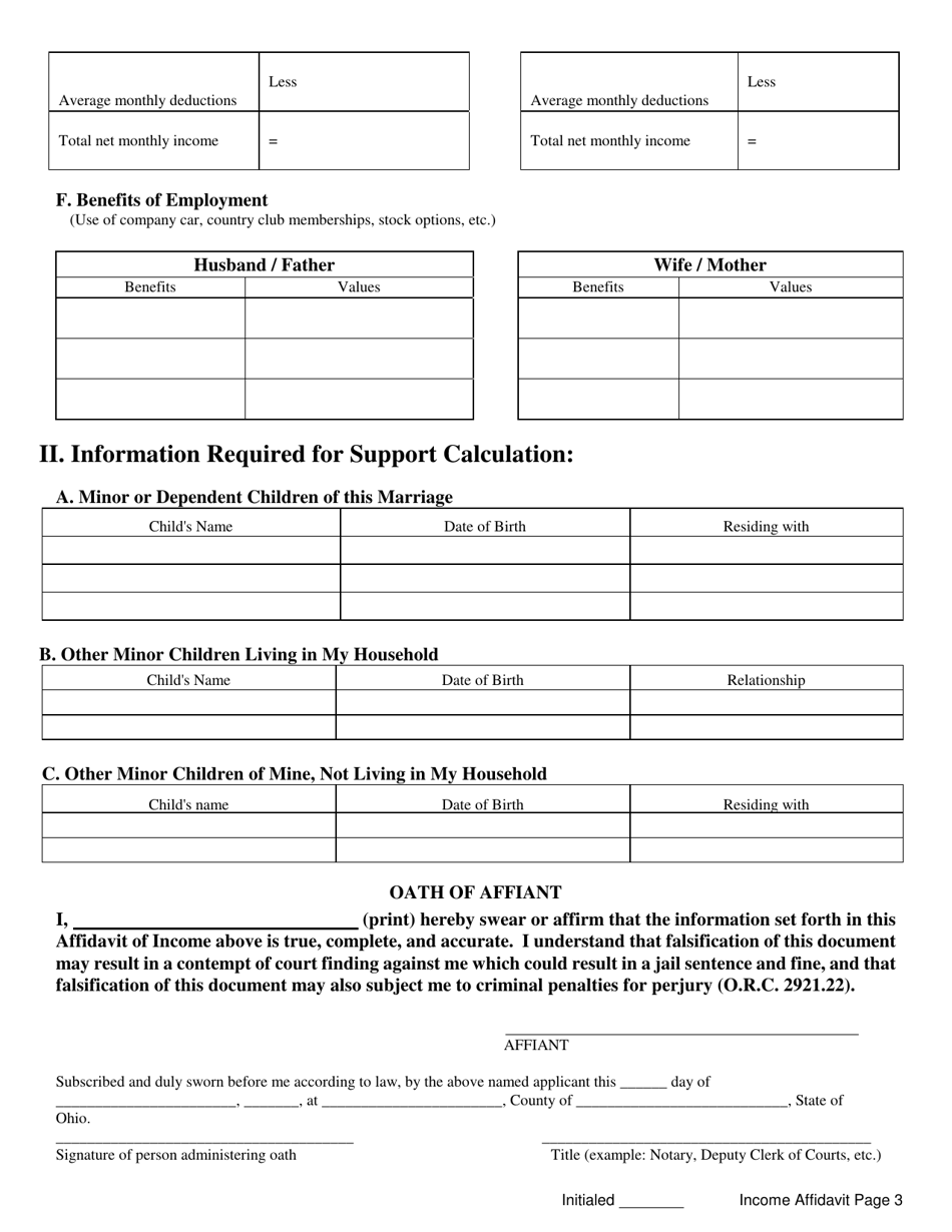 Form DR602A Affidavit of Income - Butler County, Ohio, Page 3