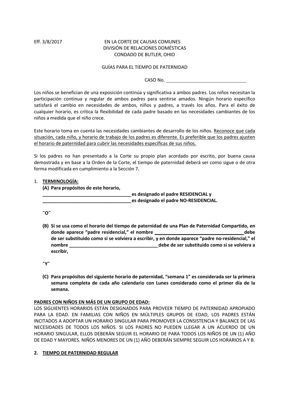 Formulario DR610.1 Guias Para El Tiempo De Paternidad - Butler County, Ohio (Spanish), Page 1