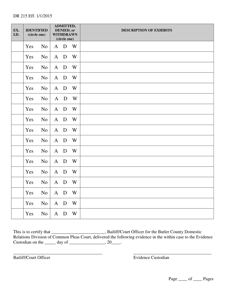 Form DR215 Itemized Evidence Inventory - Butler County, Ohio, Page 2