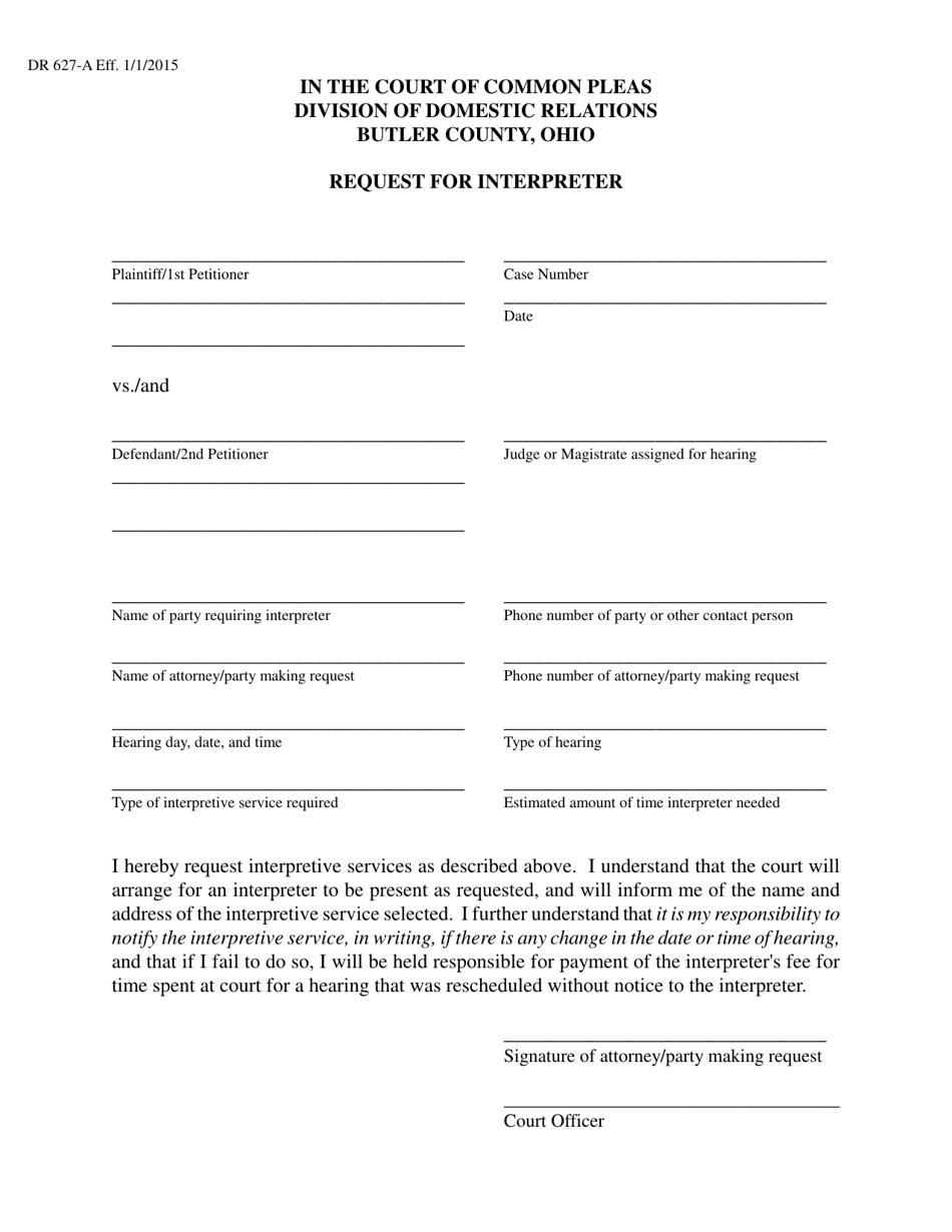 Form DR627-A Request for Interpreter - Butler County, Ohio, Page 1