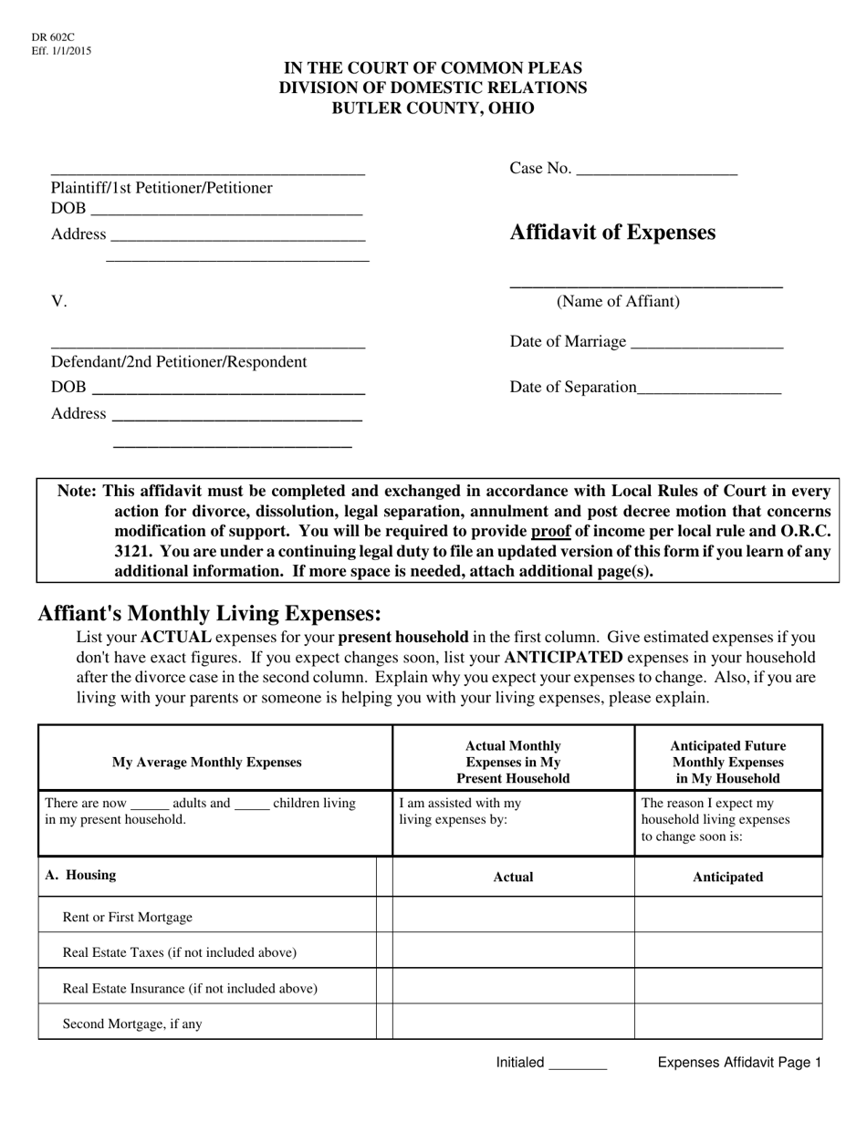 Form DR602C Affidavit of Expenses - Butler County, Ohio, Page 1