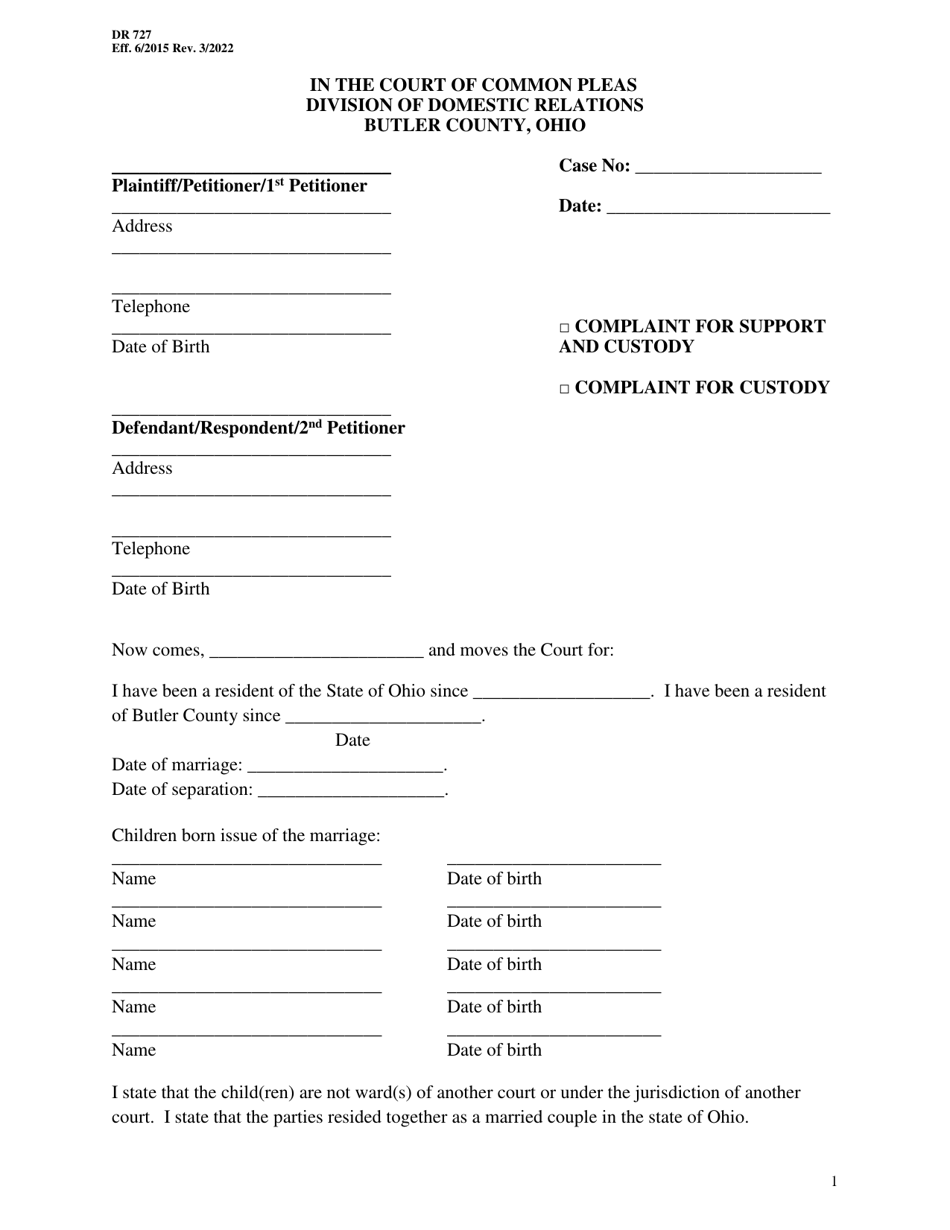 Form DR727 Complaint for Support and Custody - Butler County, Ohio, Page 1