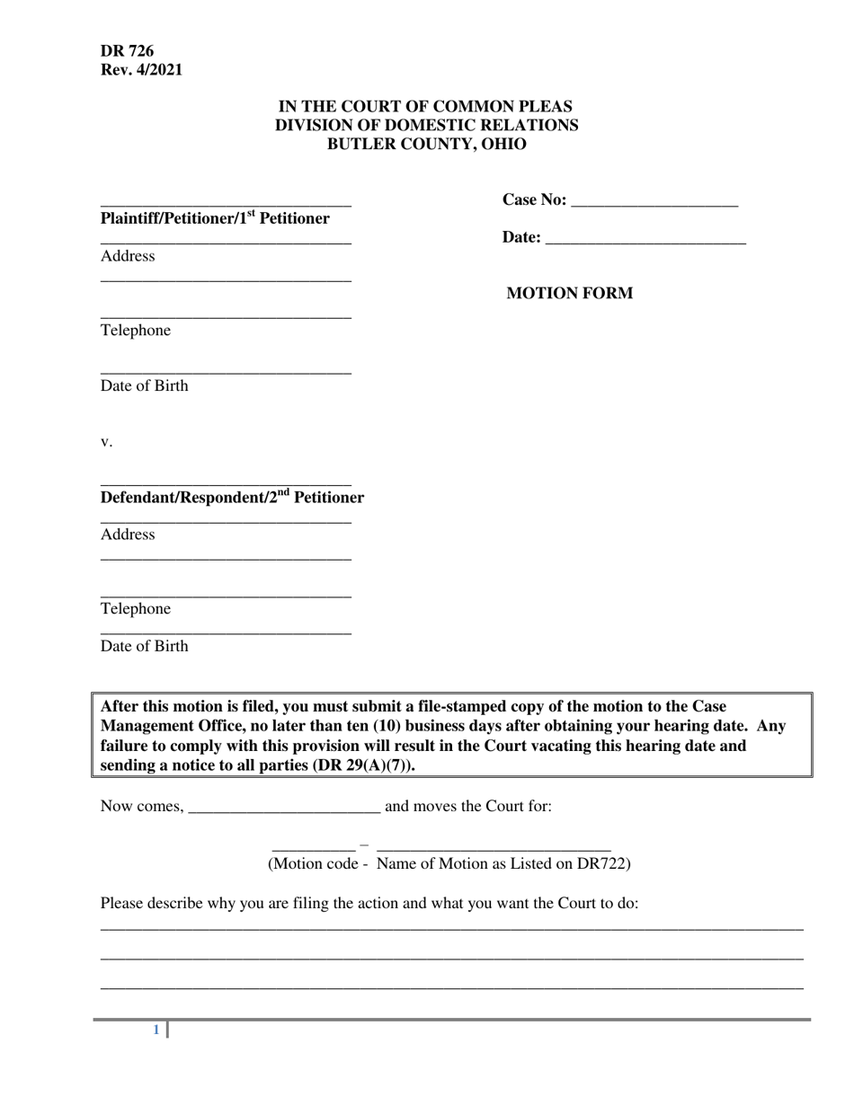 Form DR726 Motion Form - Butler County, Ohio, Page 1
