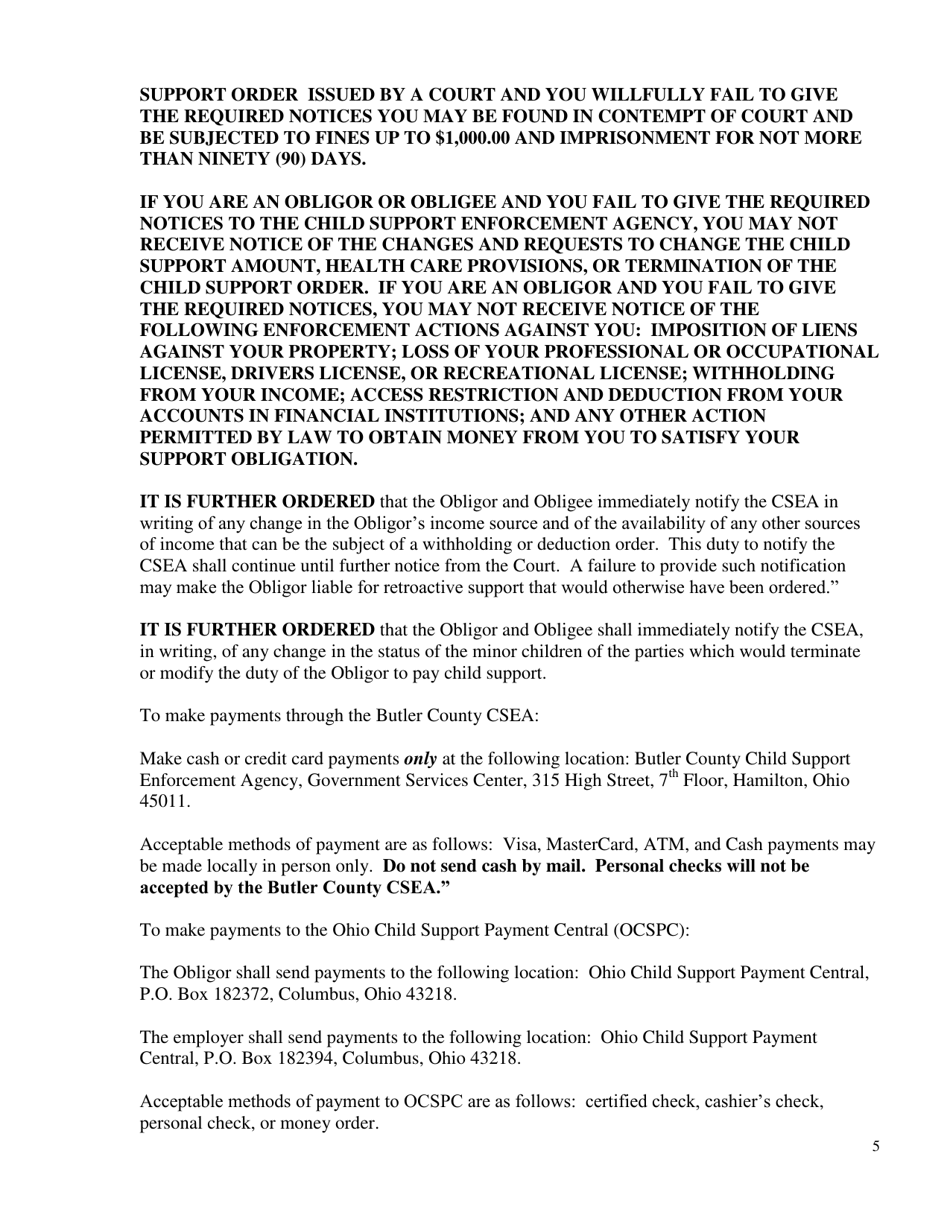 Form DR716 Agreed Entry (No Hearing Required) - Butler County, Ohio, Page 5