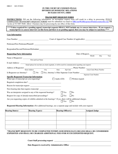 Form DR813 Transcript Request Form - Butler County, Ohio