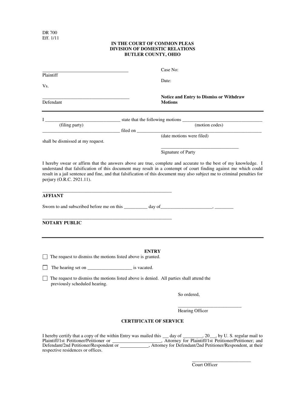 Form DR700 Notice and Entry to Dismiss or Withdraw Motions - Butler County, Ohio, Page 1