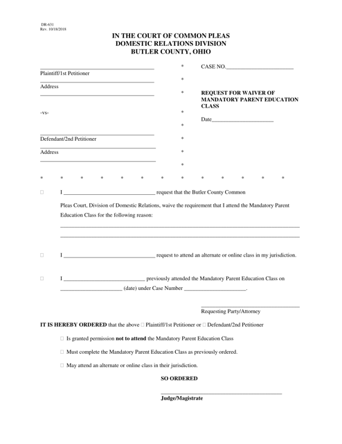 Form DR631 Request for Waiver of Mandatory Parent Education Class - Butler County, Ohio