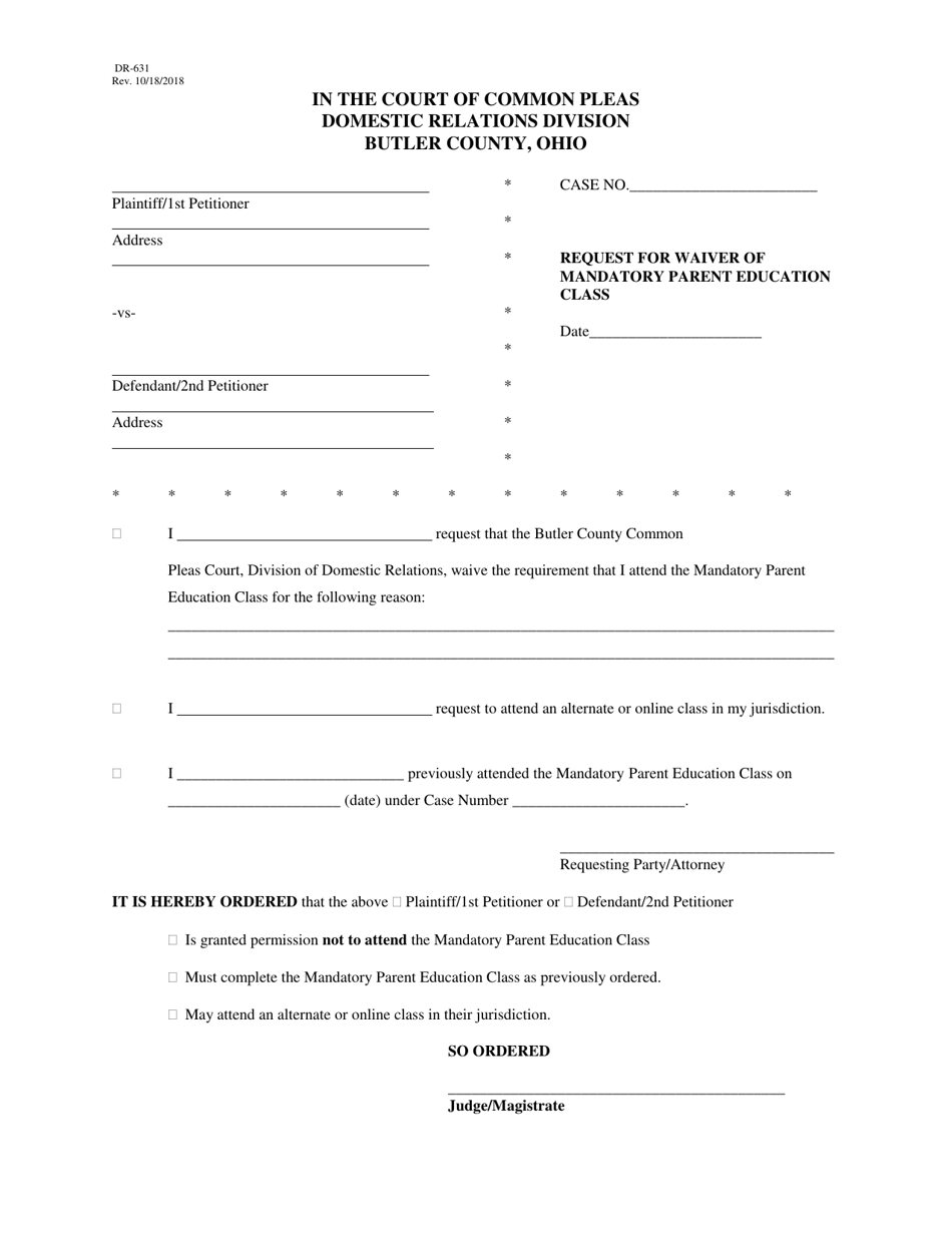 Form DR631 Request for Waiver of Mandatory Parent Education Class - Butler County, Ohio, Page 1