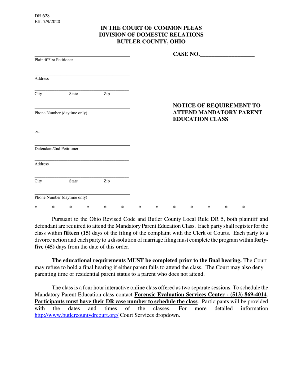 Form DR628 Notice of Requirement to Attend Mandatory Parent Education Class - Butler County, Ohio, Page 1