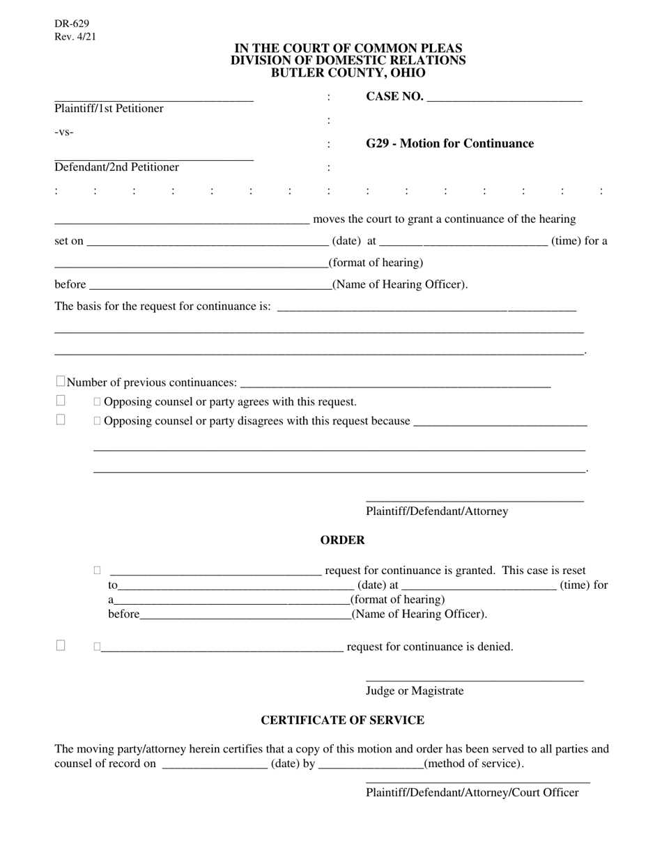 Form DR629 G29 - Motion for Continuance - Butler County, Ohio, Page 1