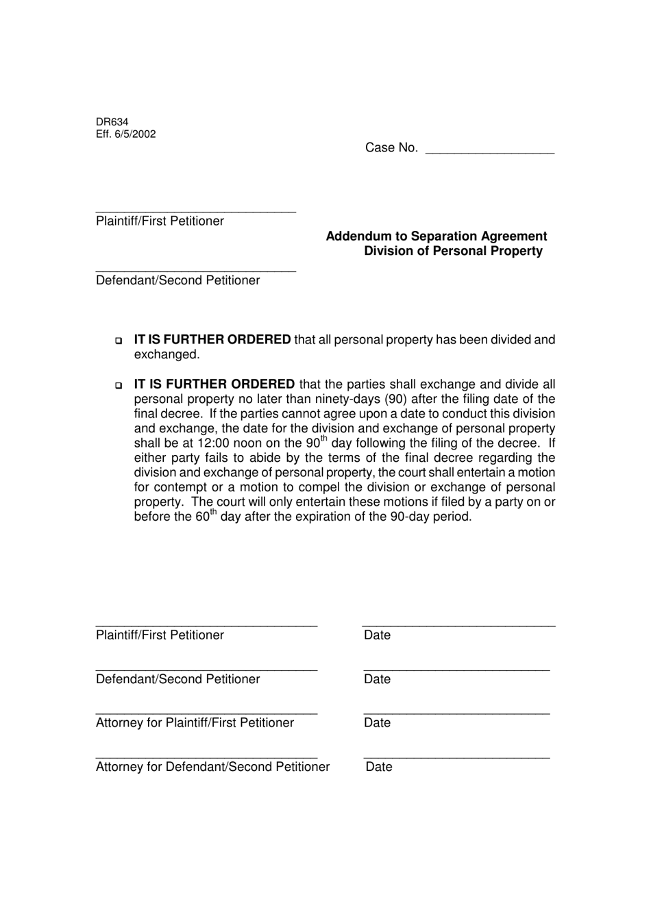 Form DR634 Addendum to Separation Agreement - Division of Personal Property - Butler County, Ohio, Page 1