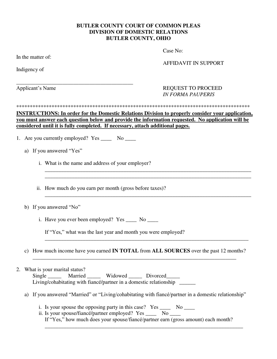 Form DR824 Ex Parte Application  Entry to Proceed in Forma Pauperis With Affidavit and Supporting Documentation - Butler County, Ohio, Page 2