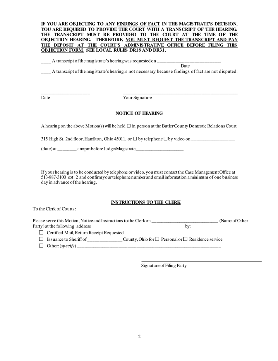Form C14 (G82) Motion for Objection to Magistrates Decision - Butler County, Ohio, Page 2