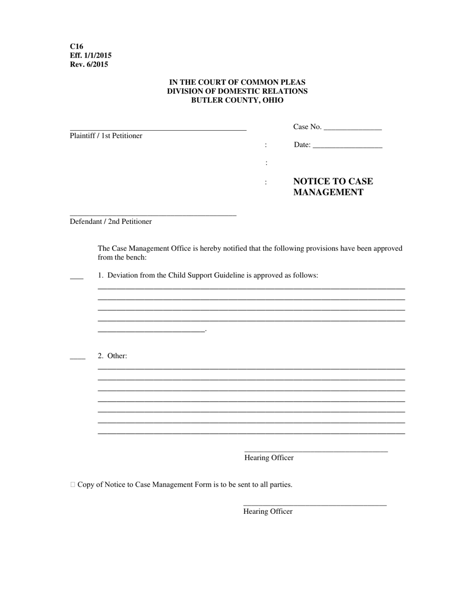 Form C16 Notice to Case Management - Butler County, Ohio, Page 1