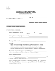 Form C18 Mandatory Spousal Support Language - Butler County, Ohio
