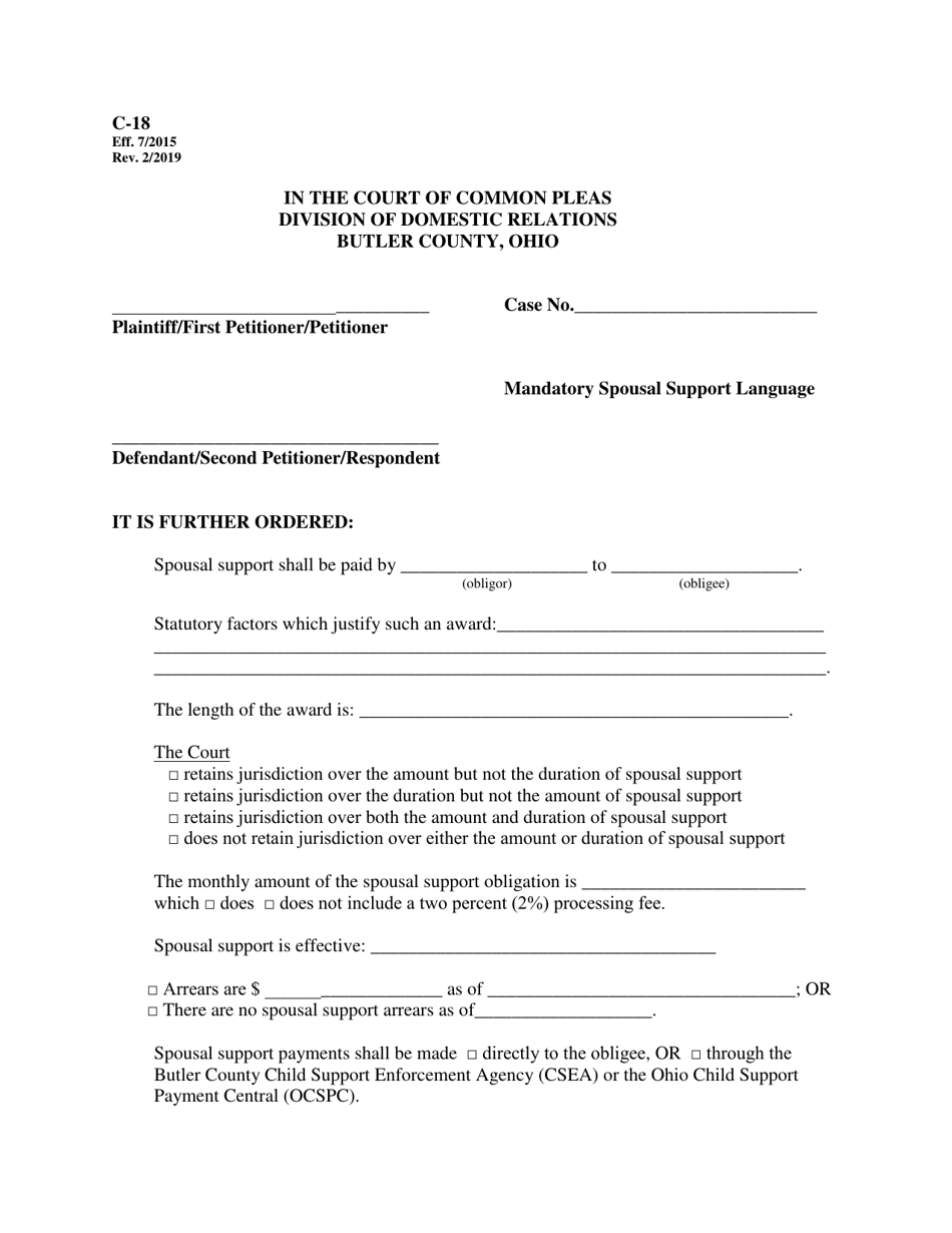 Form C18 Mandatory Spousal Support Language - Butler County, Ohio, Page 1