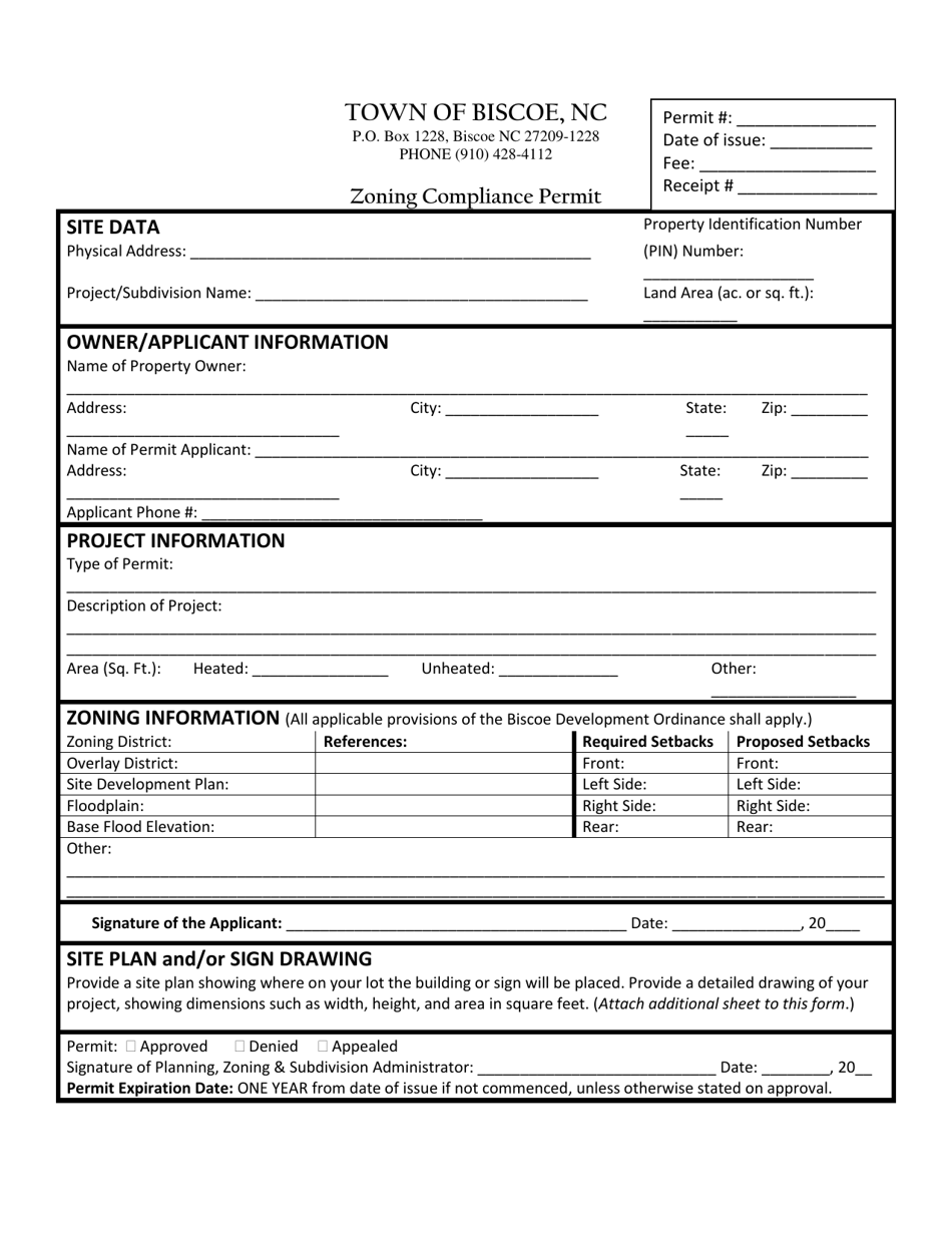 Town of Biscoe, North Carolina Zoning Compliance Permit Fill Out