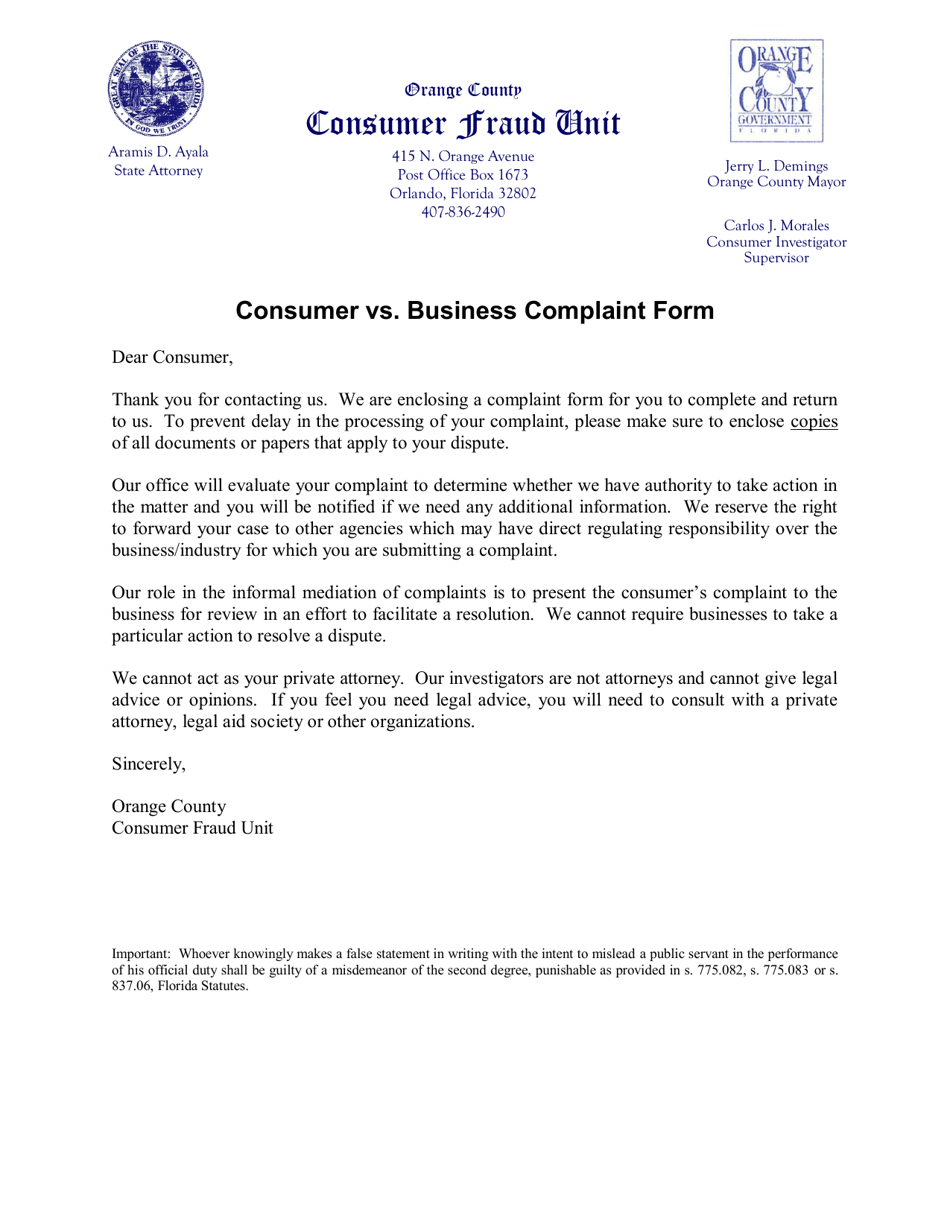 Consumer VS. Business Complaint Form - Orange County, Florida, Page 1