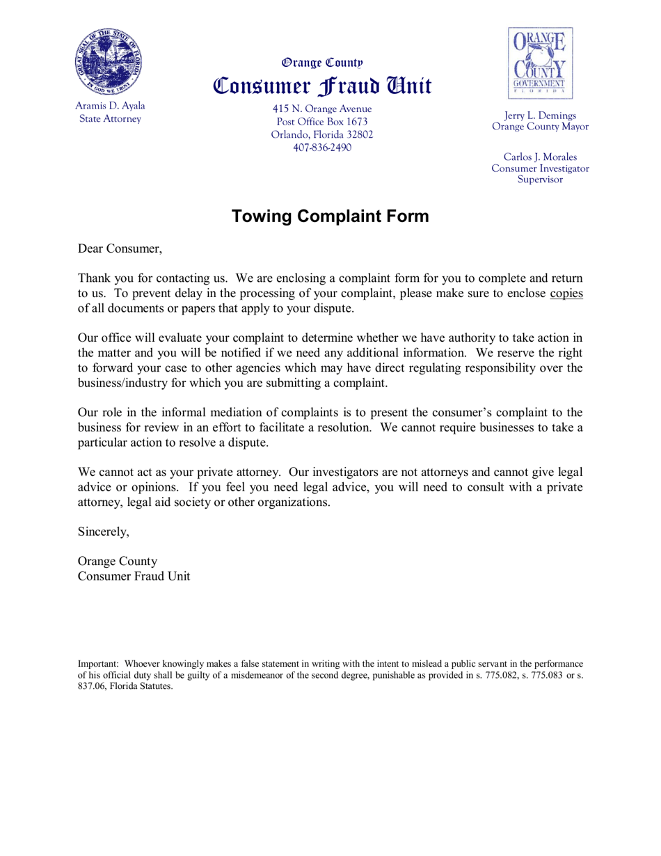 Towing Complaint Form - Trespass / Nonconsensual Towing and Vehicle Immobilization - Orange County, Florida, Page 1