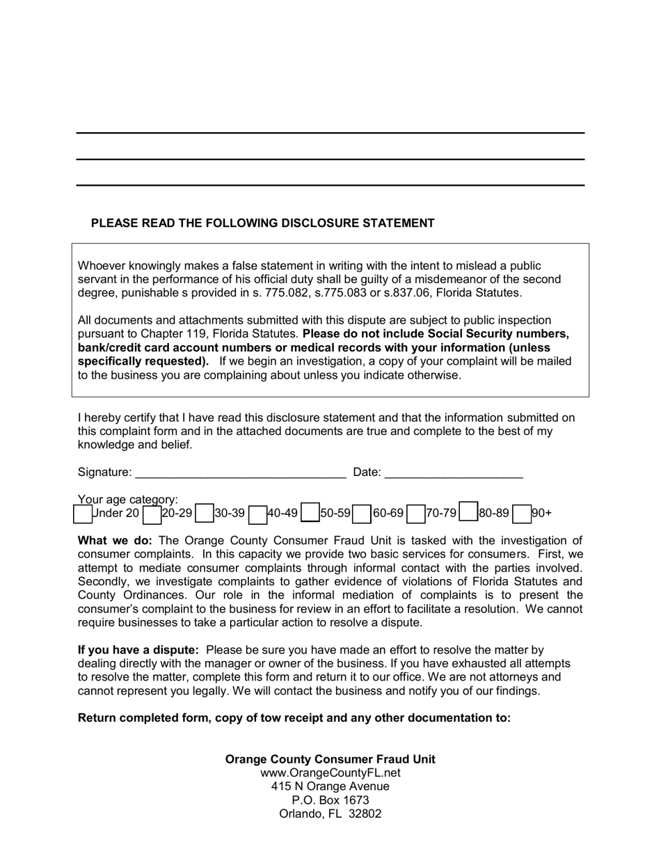 Towing Complaint Form - Trespass / Nonconsensual Towing and Vehicle Immobilization - Orange County, Florida, Page 5
