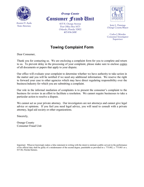 Towing Complaint Form - Trespass / Nonconsensual Towing and Vehicle Immobilization - Orange County, Florida Download Pdf