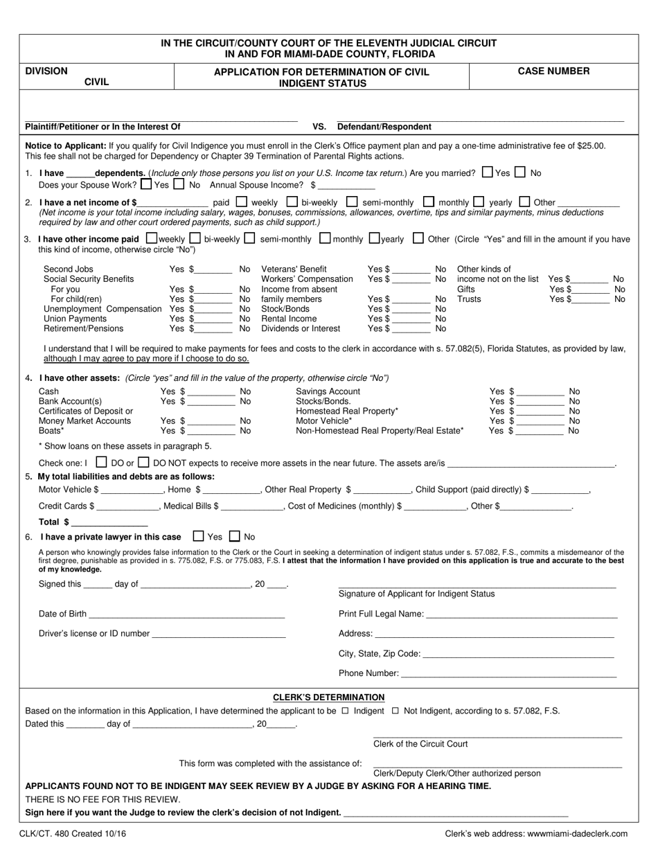 Form CLK / CT.480 Application for Determination of Civil Indigent Status - Miami-Dade County, Florida, Page 1