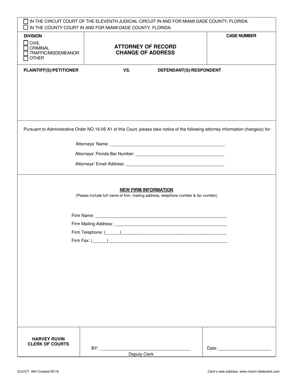 Form CLK/CT.464 Attorney of Record Change of Address - Miami-Dade County, Florida, Page 1