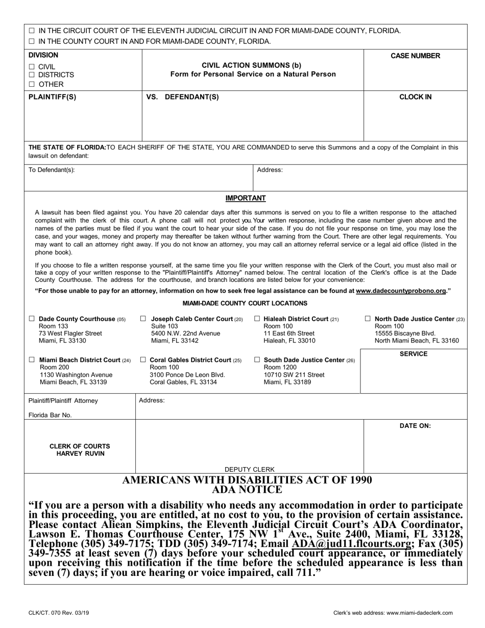 Form CLK / CT.070 Civil Action Summons (B) Form for Personal Service on a Natural Person - Miami-Dade County, Florida (English / Spanish / French / Haitian Creole), Page 1