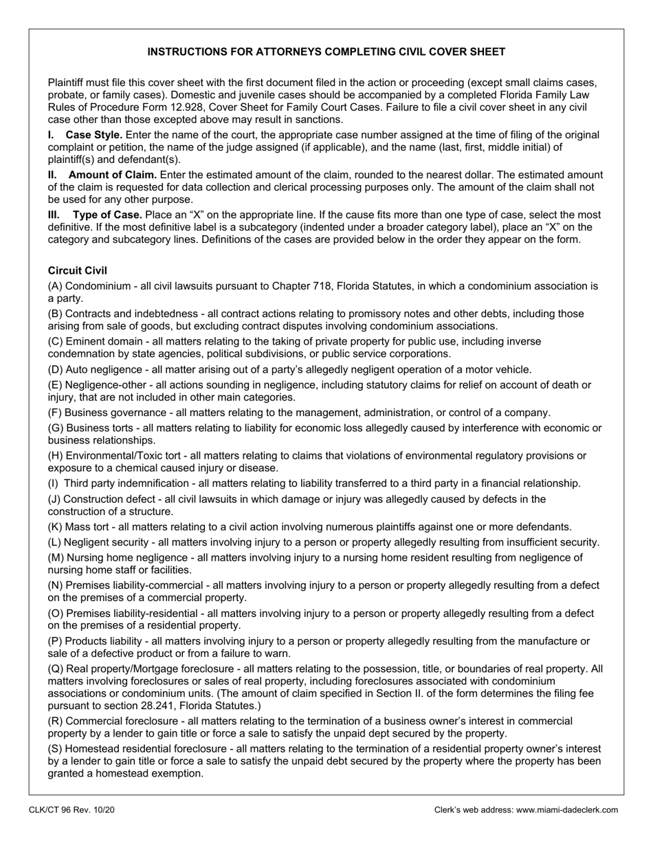 Form CLK/CT96 Fill Out, Sign Online and Download Fillable PDF, Miami