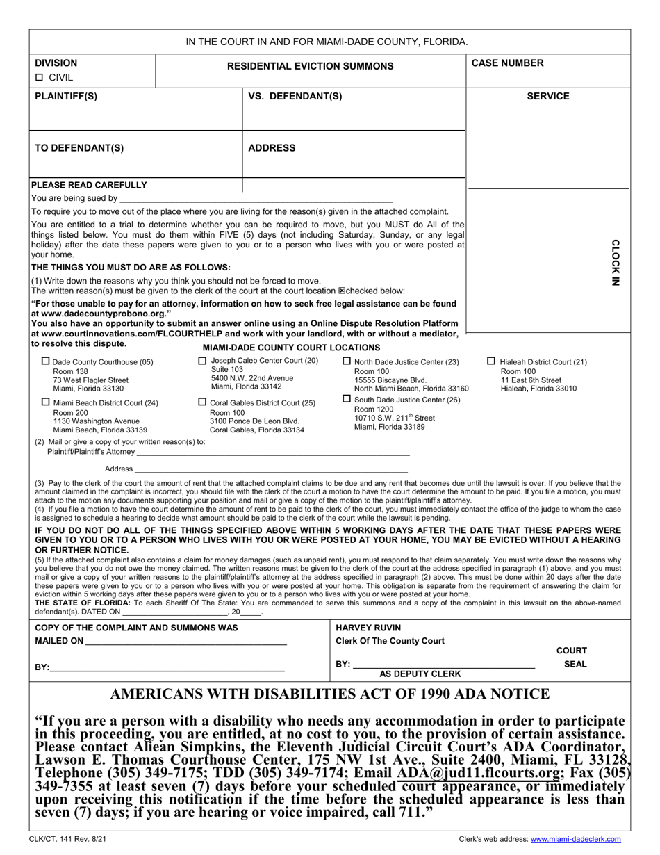 Form CLK / CT.141 Residential Eviction Summons - Miami-Dade County, Florida (English / Spanish / French / Haitian Creole), Page 1