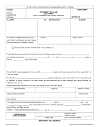 Form CLK/CT.791 Statement of Claim (Back Rent) - Miami-Dade County, Florida