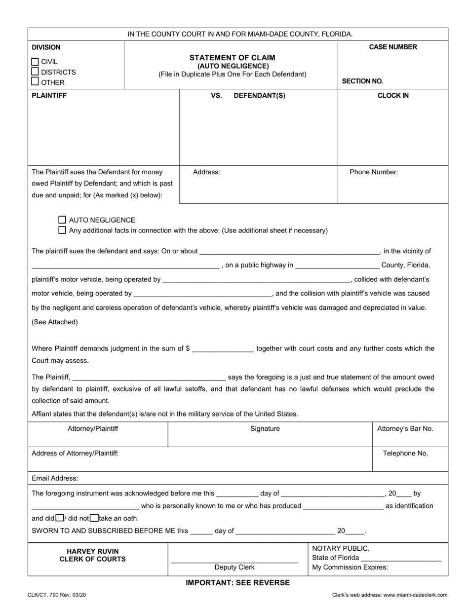 Form CLK/CT.790 Statement of Claim (Auto Negligence) - Miami-Dade County, Florida, Page 1