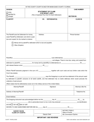 Form CLK/CT.795 Statement of Claim (For Money Lent) - Miami-Dade County, Florida