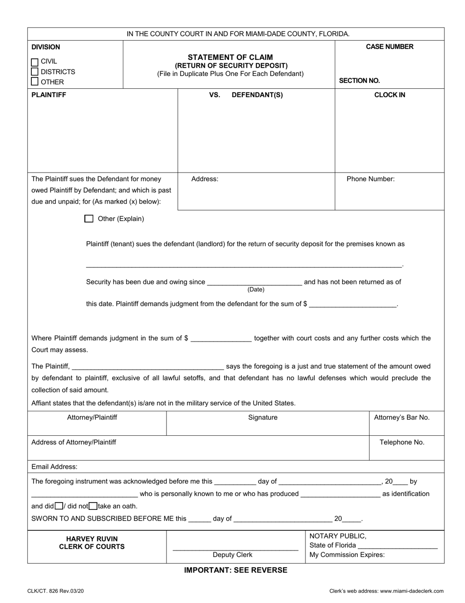 Form CLK/CT.826 Statement of Claim (Return of Security Deposit) - Miami-Dade County, Florida, Page 1